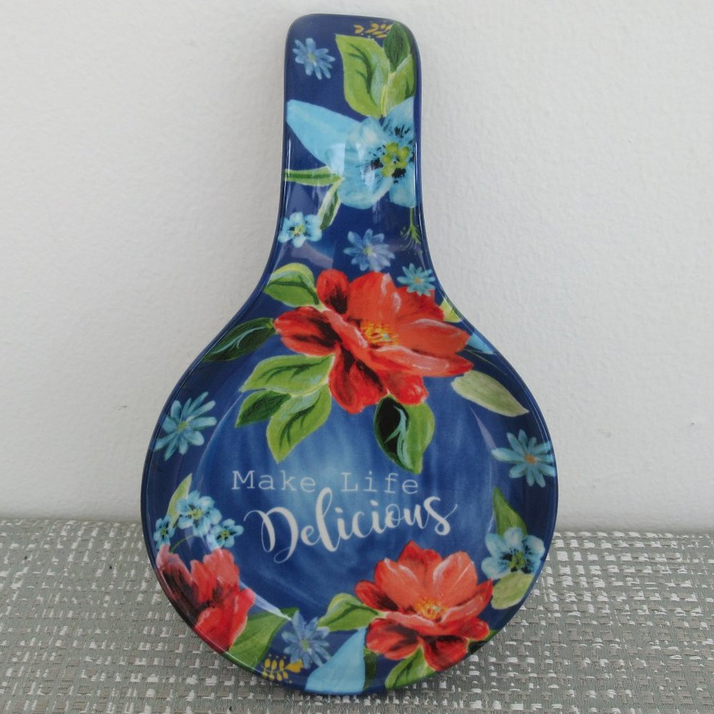 The Pioneer Woman Spring Bouquet Cobalt Blue Spoon Rest " Make Life Delicious"